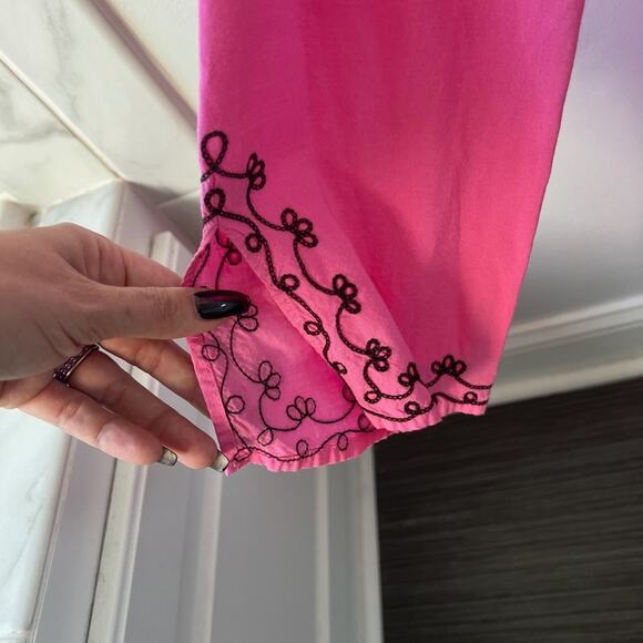 Moda International Embroidered Pink Long Sleeve Dress with Brown Trim Size M - Picture 6 of 15